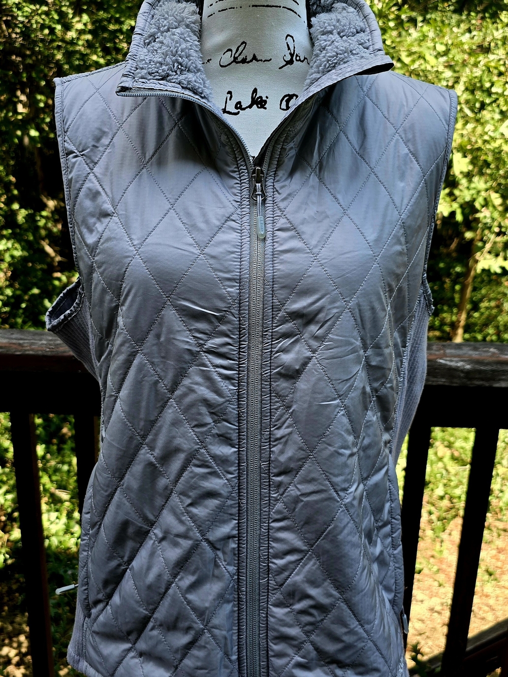 L.L. Bean Light Gray Quilted Sherpa-Trim Vest